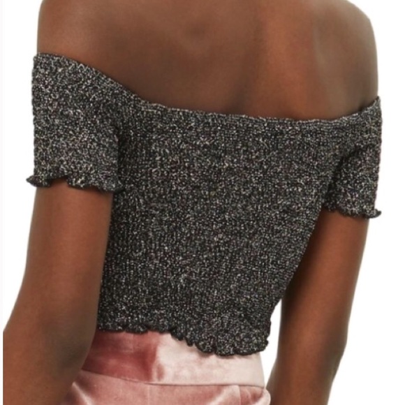 ❣️ TOPSHOP Shirred Metallic Off the Shoulder Top - Picture 3 of 7